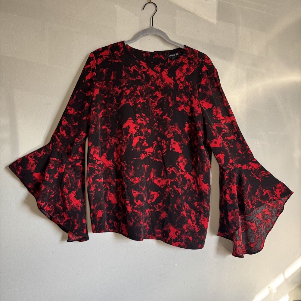 Olivia & Grace L Womens Top Red Black Floral Bell Sleeve Whimsigoth Boho Chic